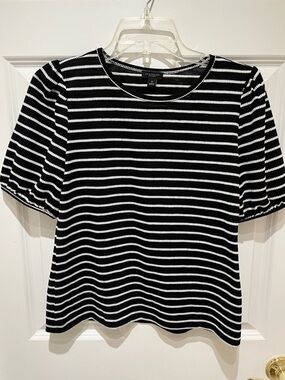 Ann Taylor Black and White Striped Short Sleeve Crewneck Top